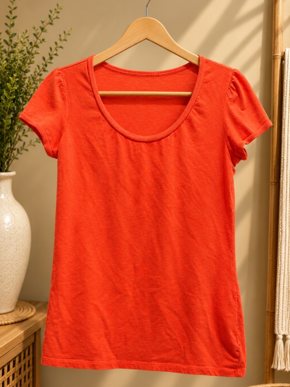 Coral Orange Scoop Neck Short Sleeve Knit Top Gathered Sleeves